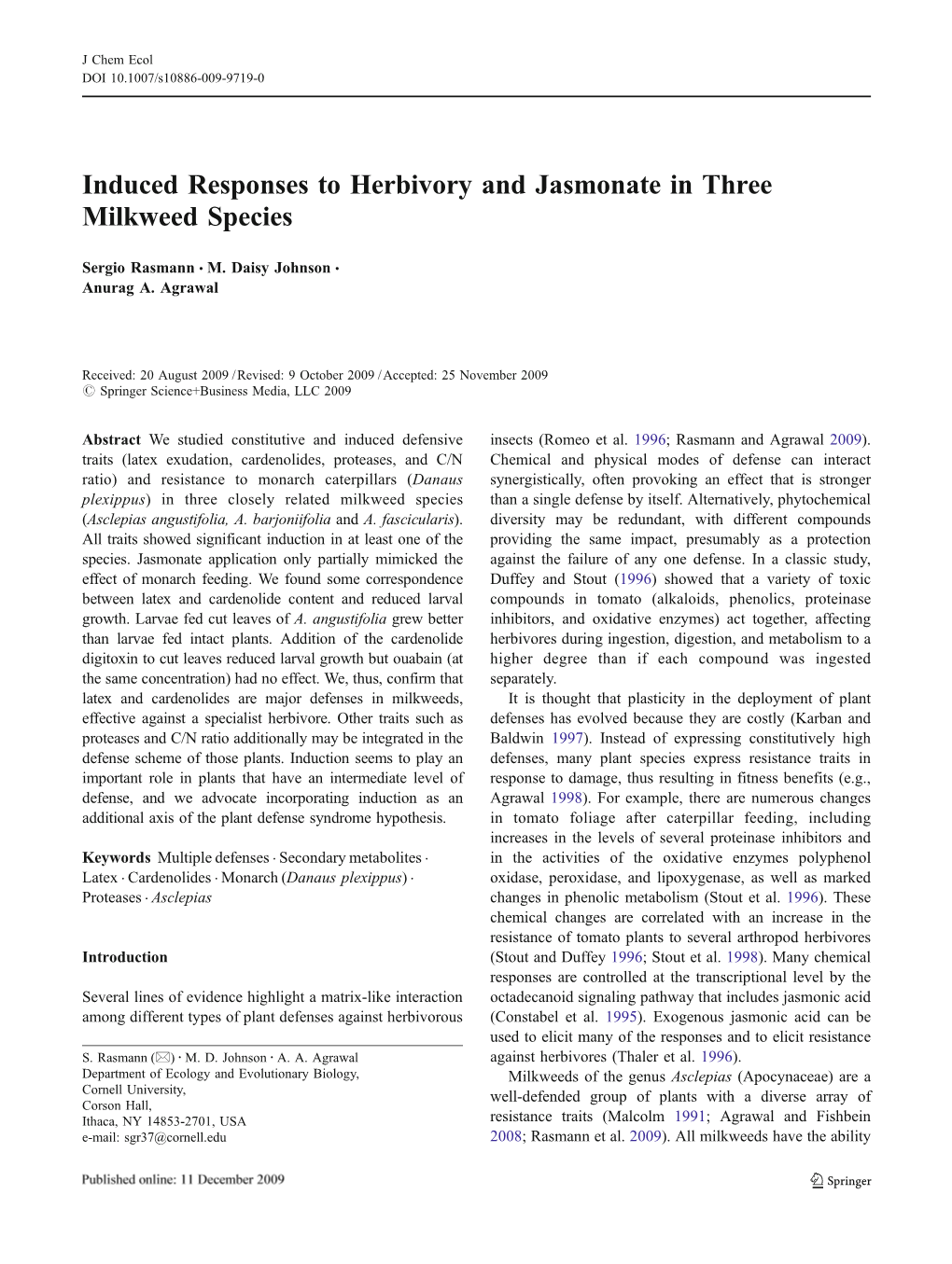 Induced Responses to Herbivory and Jasmonate in Three Milkweed Species