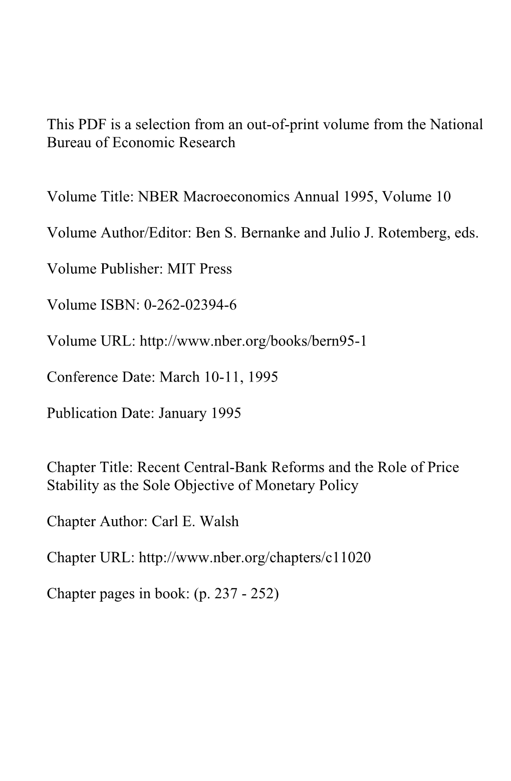 Recent Central-Bank Reforms and the Role of Price Stability As the Sole Objective of Monetary Policy