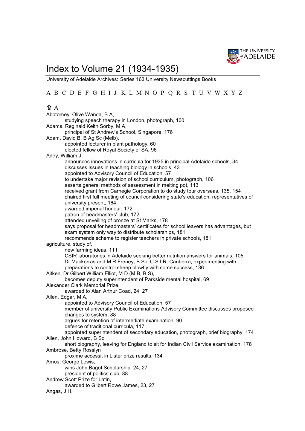 Index to Volume 21 (1934-1935) University of Adelaide Archives: Series 163 University Newscuttings Books