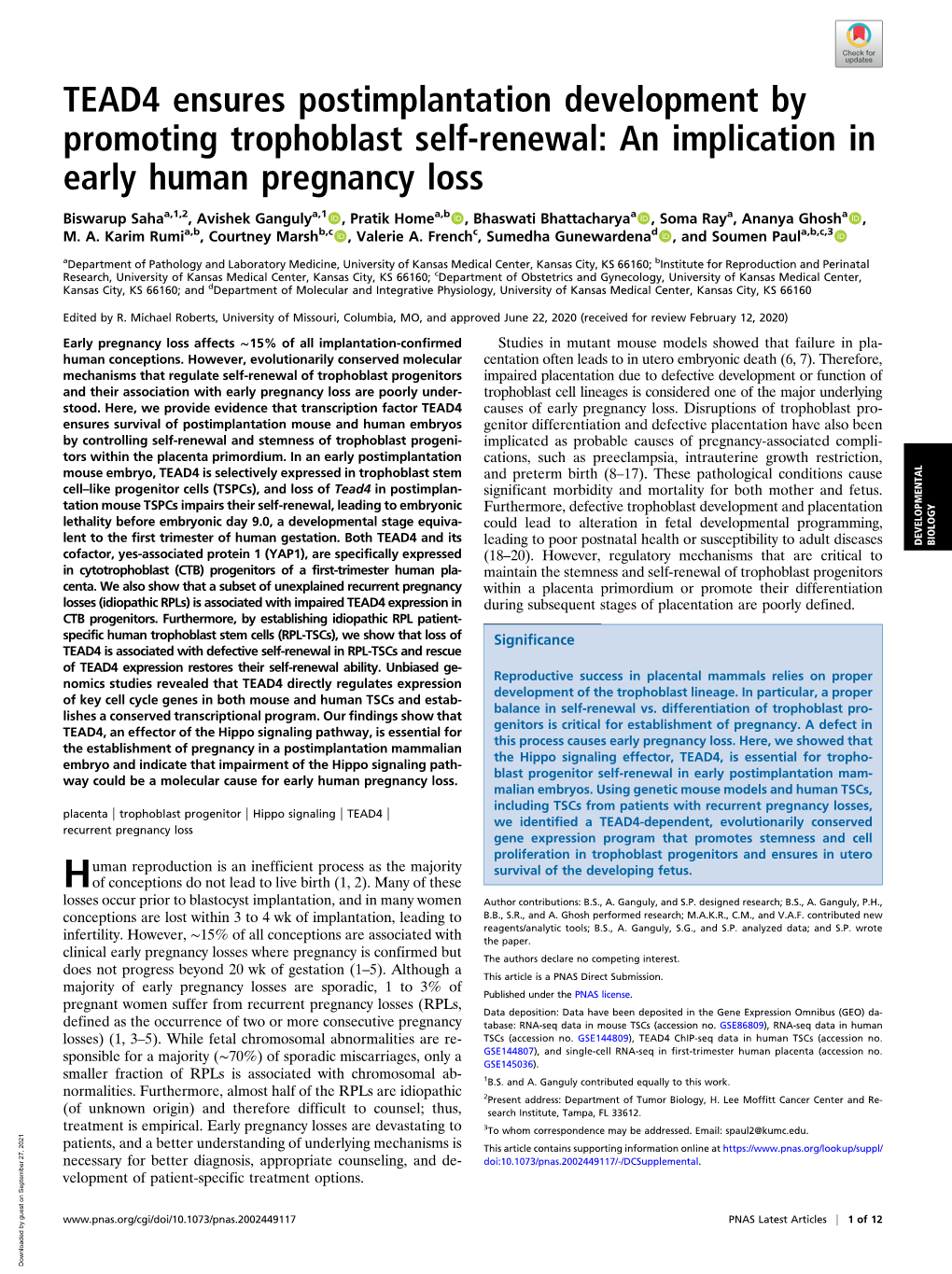 TEAD4 Ensures Postimplantation Development by Promoting Trophoblast Self-Renewal: an Implication in Early Human Pregnancy Loss