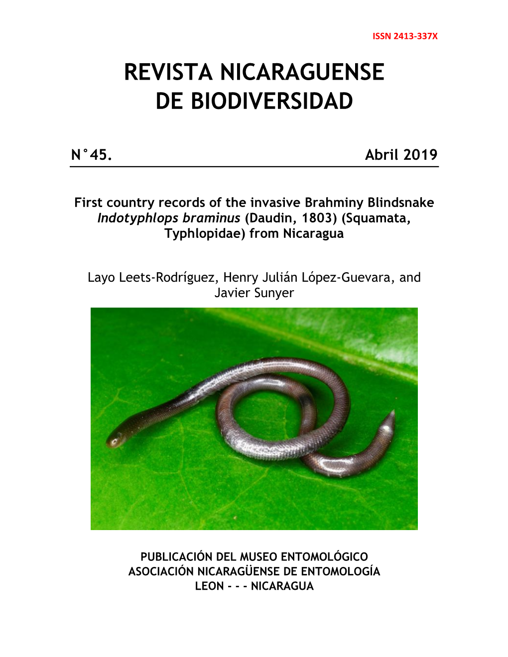 First Country Records of the Invasive Brahminy Blindsnake Indotyphlops Braminus (Daudin, 1803) (Squamata, Typhlopidae) from Nicaragua