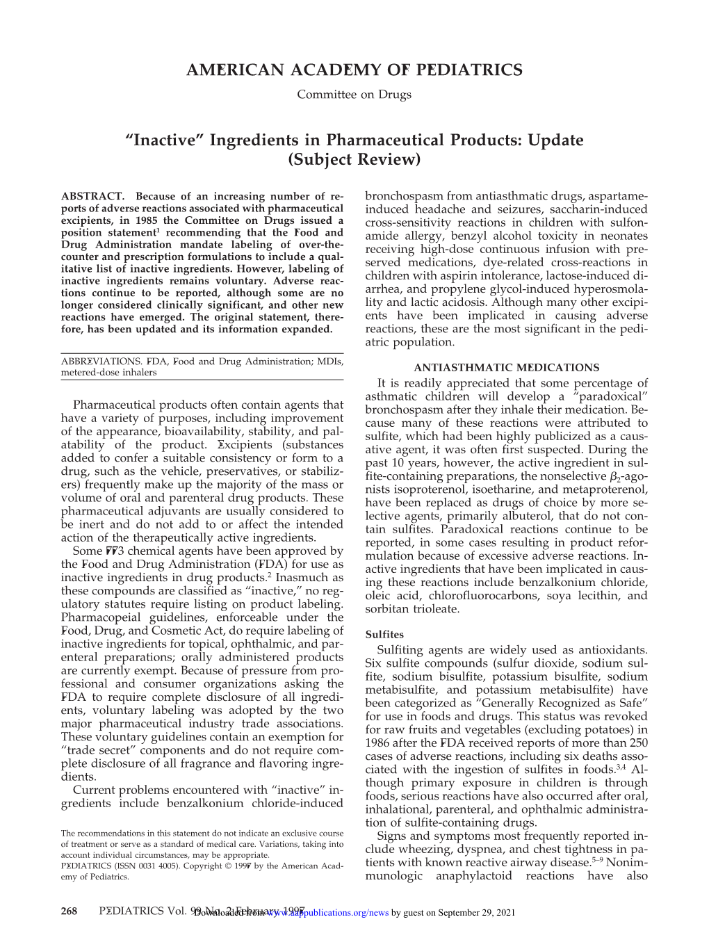 “Inactive” Ingredients in Pharmaceutical Products: Update (Subject Review)