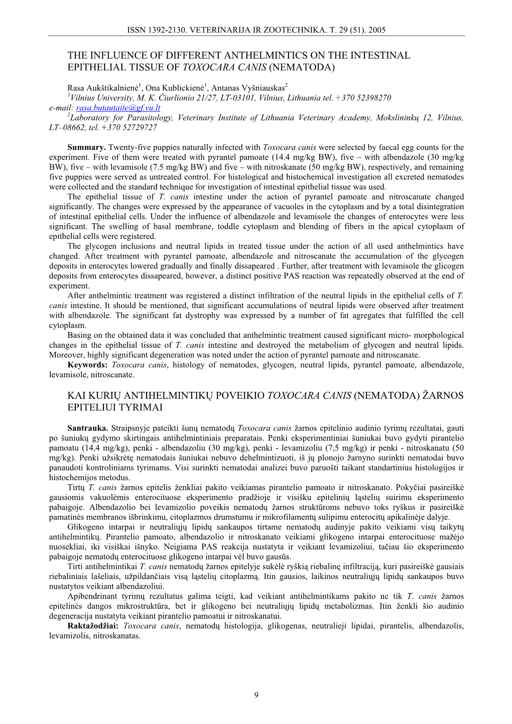 The Influence of Different Anthelmintics on the Intestinal Epithelial Tissue of Toxocara Canis (Nematoda)