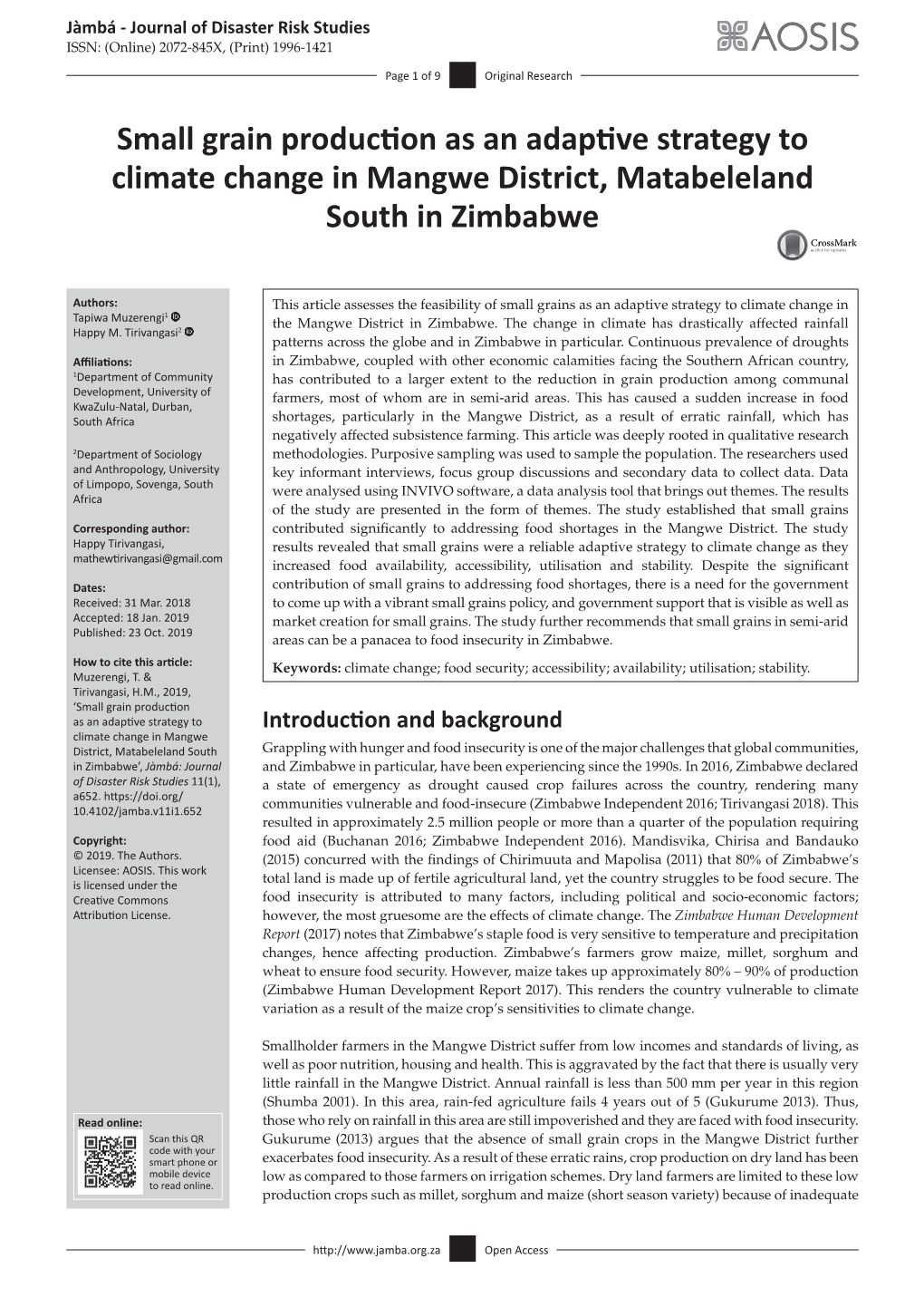 Small Grain Production As an Adaptive Strategy to Climate Change in Mangwe District, Matabeleland South in Zimbabwe