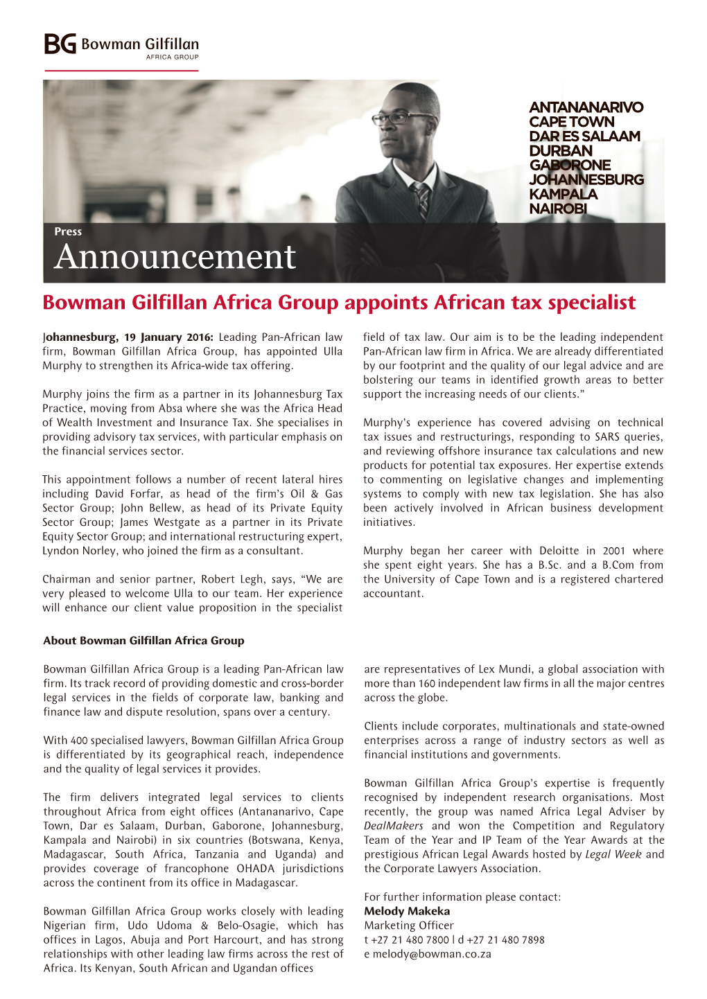 Announcement Bowman Gilfillan Africa Group Appoints African Tax Specialist