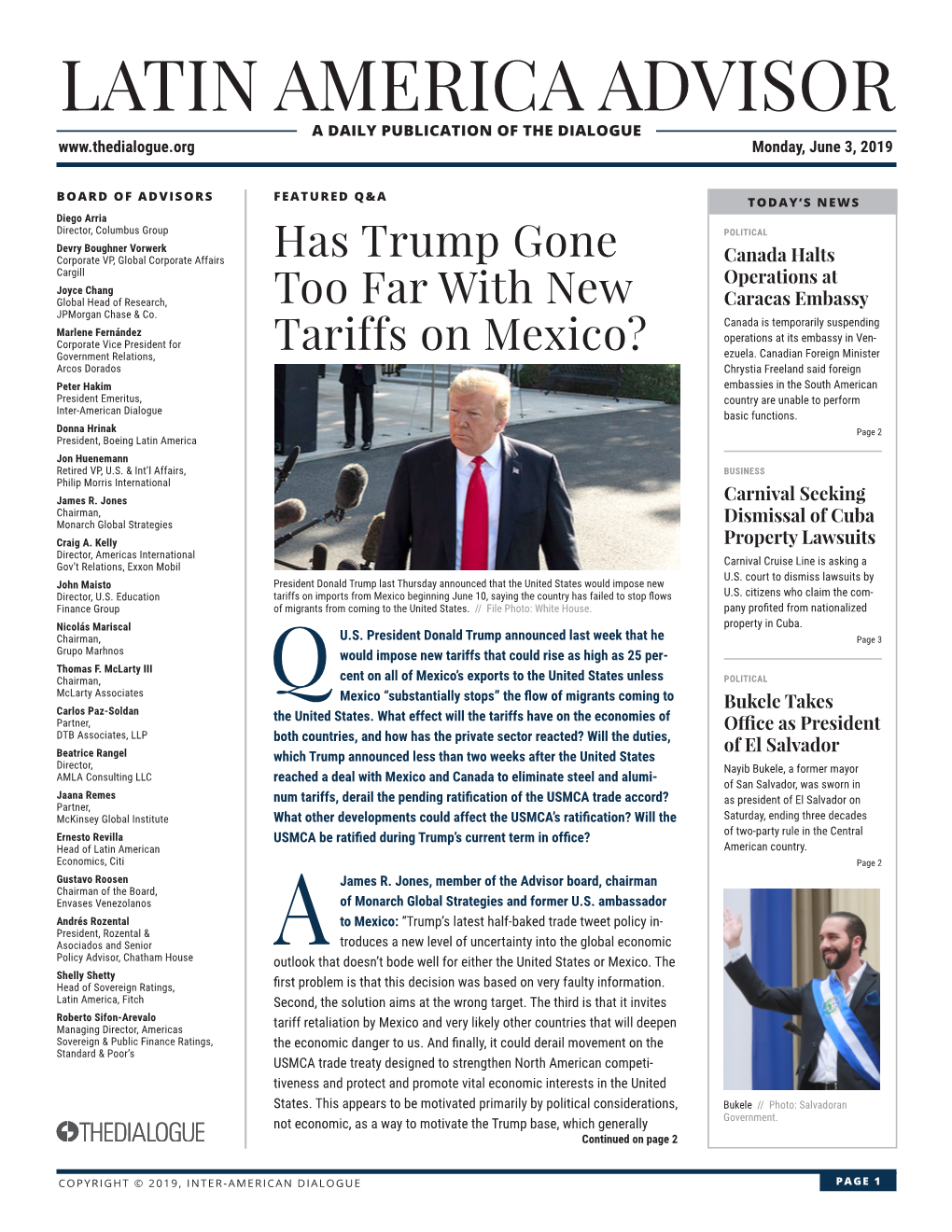 LATIN AMERICA ADVISOR a DAILY PUBLICATION of the DIALOGUE Monday, June 3, 2019