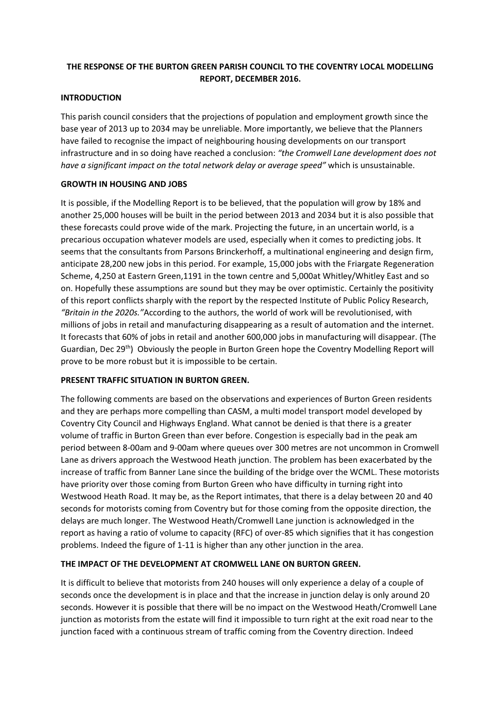 The Response of the Burton Green Parish Council to the Coventry Local Modelling Report, December 2016