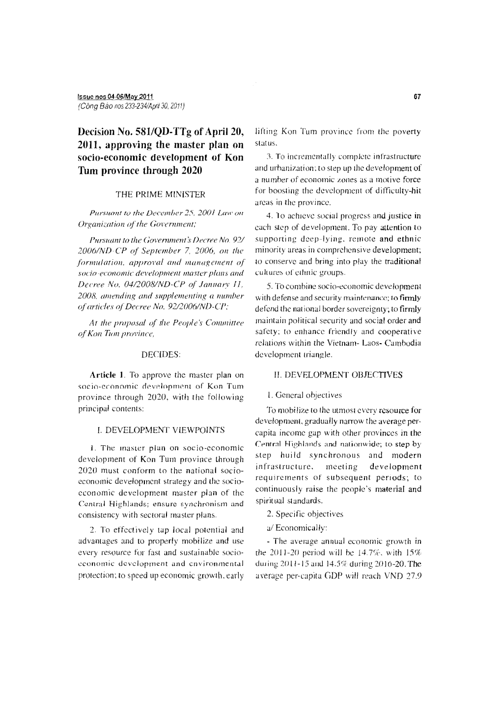 Decision No. 5811QD-Ttg of April 20, 2011, Approving the Master Plan On