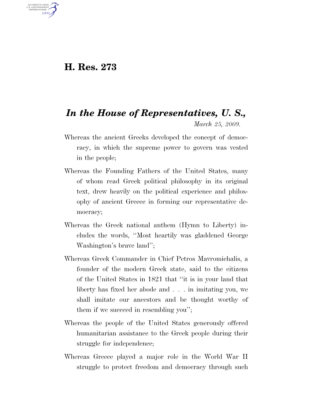 H. Res. 273 in the House of Representatives, U