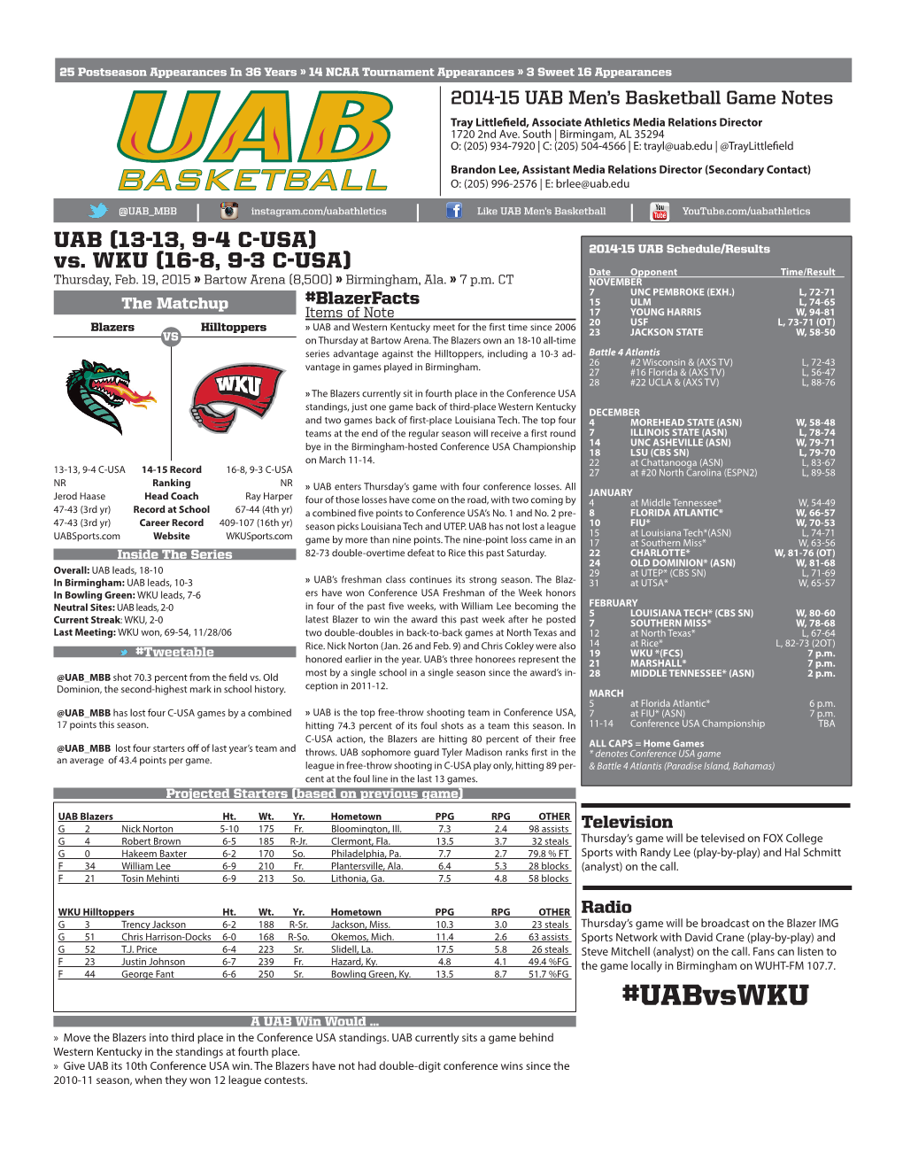 Basketball 2014-15 UAB Men’S Basketball Game Notes Tray Littlefield, Associate Athletics Media Relations Director 1720 2Nd Ave