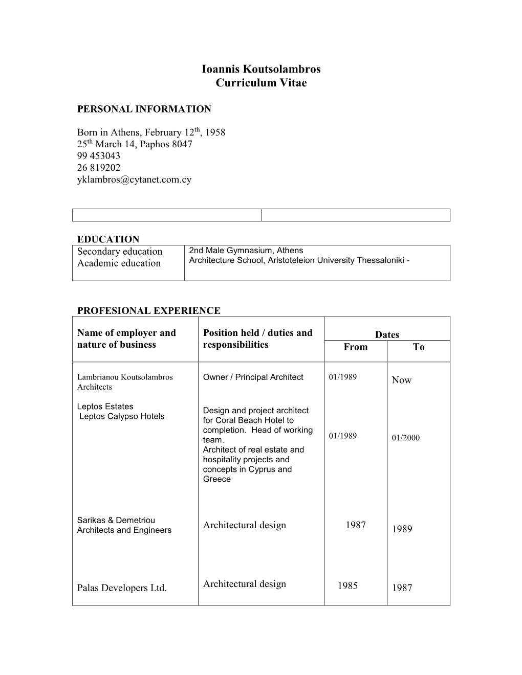 Ioannis Koutsolambros Curriculum Vitae