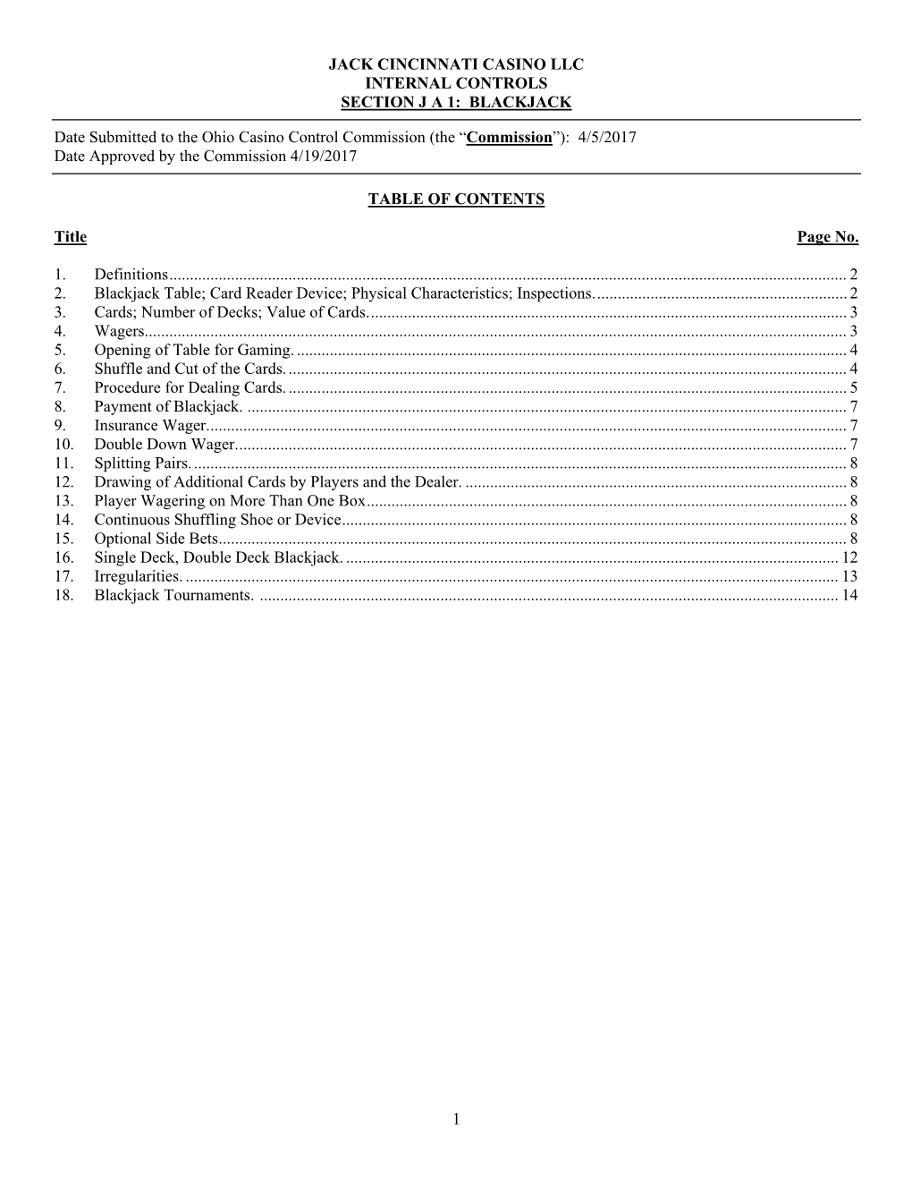 Jack Cincinnati Casino Llc Internal Controls Section J a 1: Blackjack