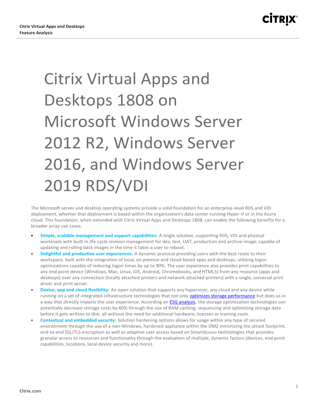 Citrix Virtual Apps and Desktops 1808 on Microsoft Windows Server 2012 R2, Windows Server 2016, and Windows Server 2019 RDS/VDI