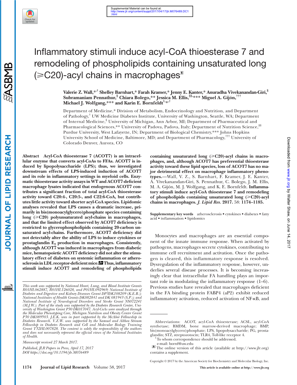 Inflammatory Stimuli Induce Acyl-Coa Thioesterase 7 and Remodeling of Phospholipids Containing Unsaturated Long (C20)-Acyl Chains in Macrophages