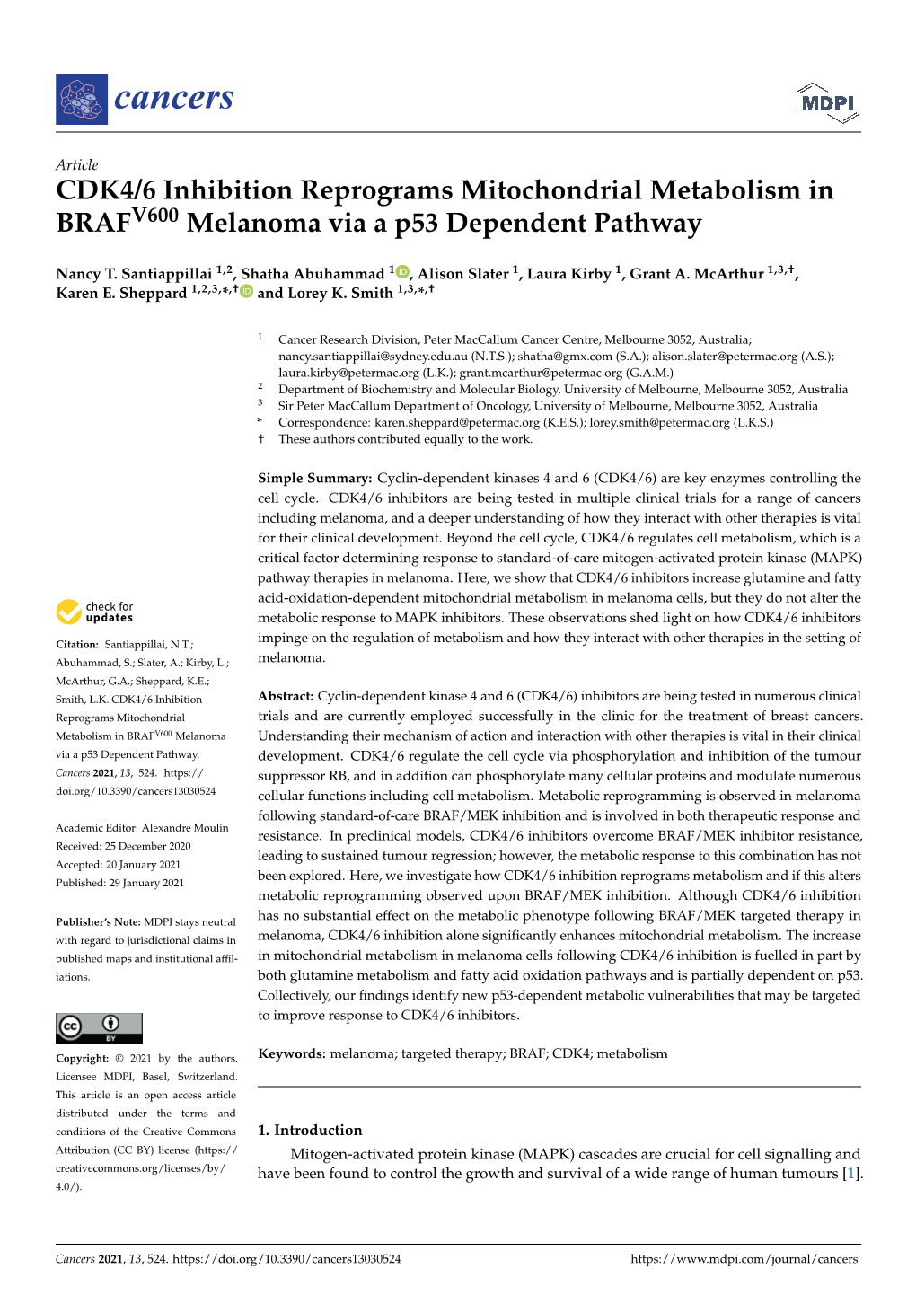 CDK4/6 Inhibition Reprograms Mitochondrial Metabolism in BRAFV600 Melanoma Via a P53 Dependent Pathway