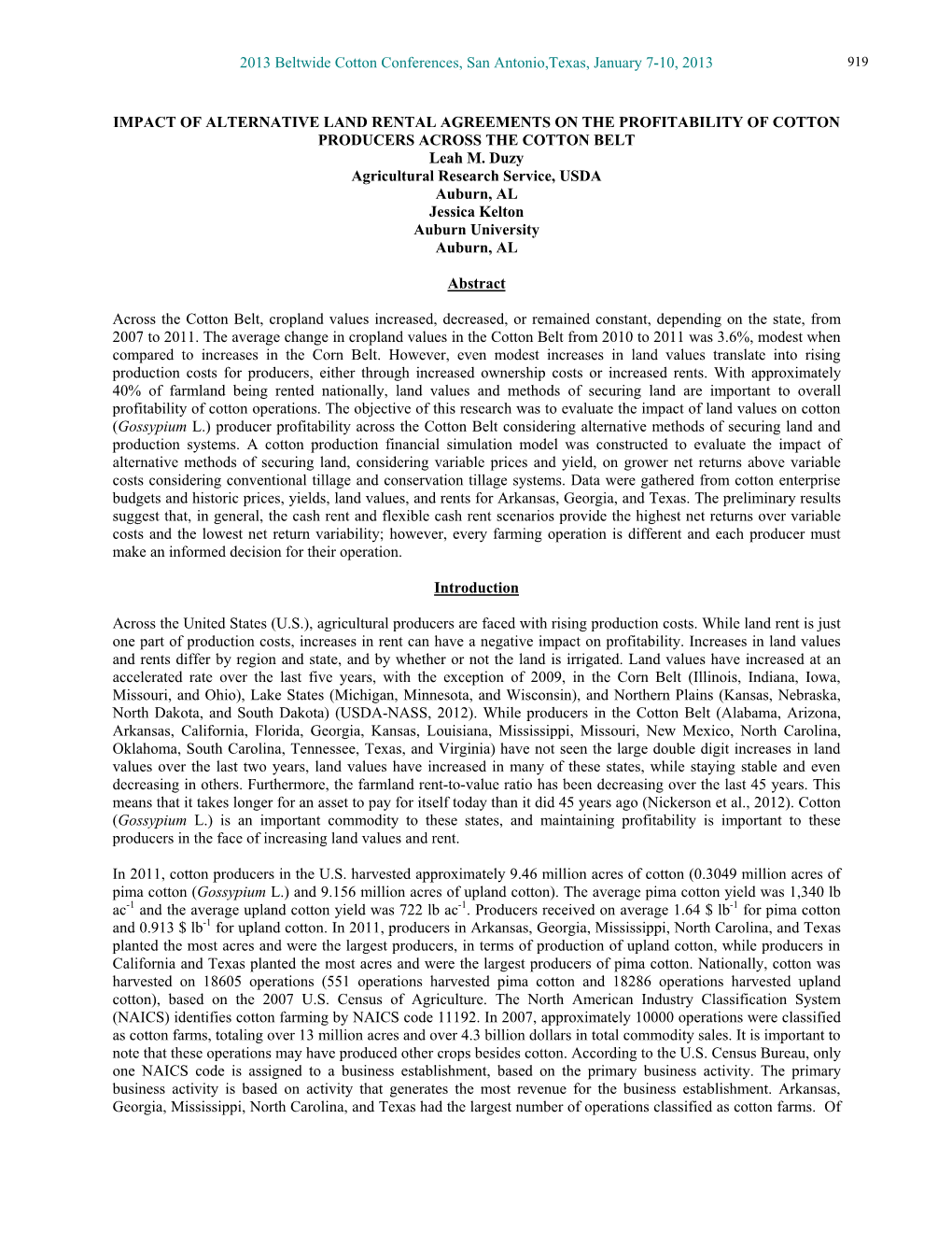 IMPACT of ALTERNATIVE LAND RENTAL AGREEMENTS on the PROFITABILITY of COTTON PRODUCERS ACROSS the COTTON BELT Leah M