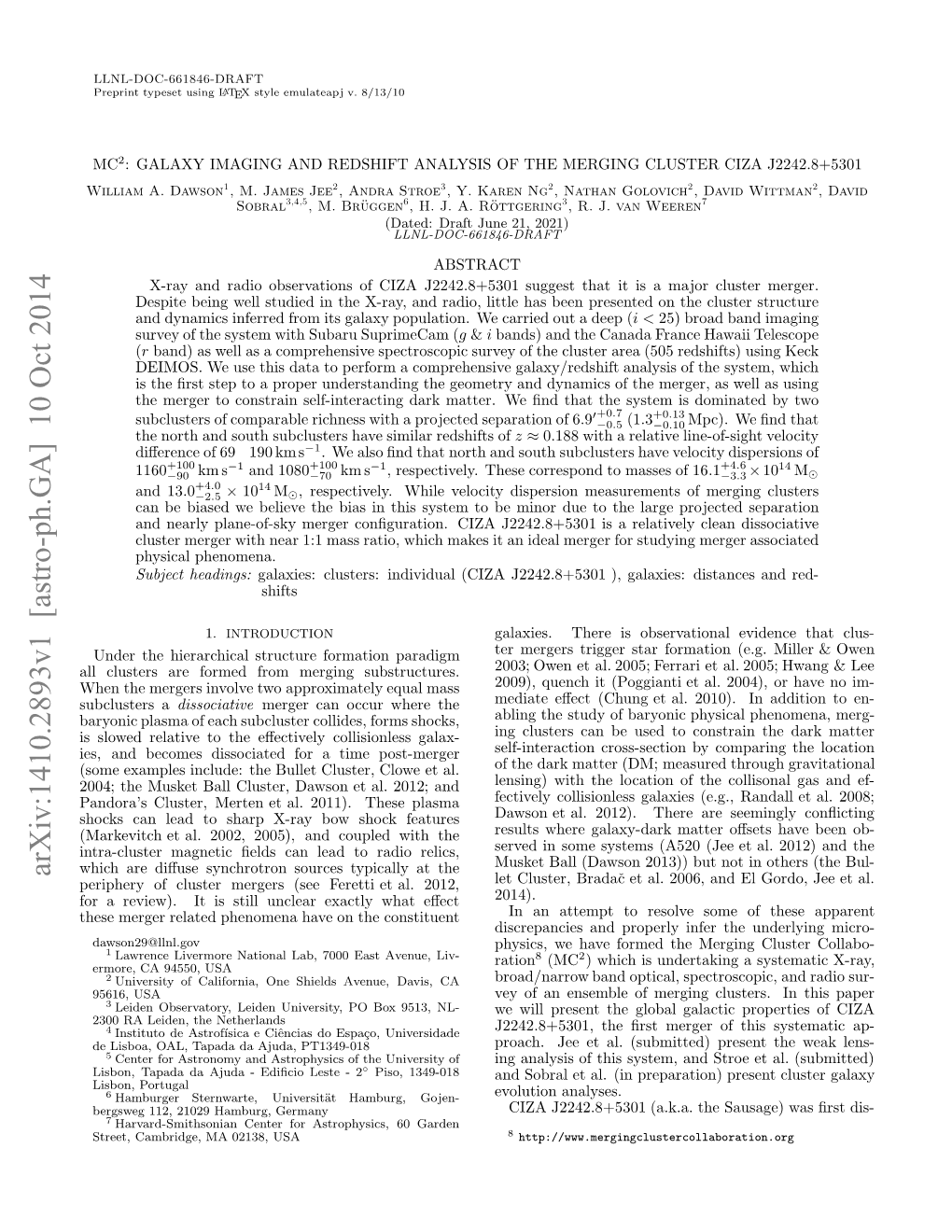 MC^ 2: Galaxy Imaging and Redshift Analysis of the Merging Cluster CIZA J2242. 8+ 5301