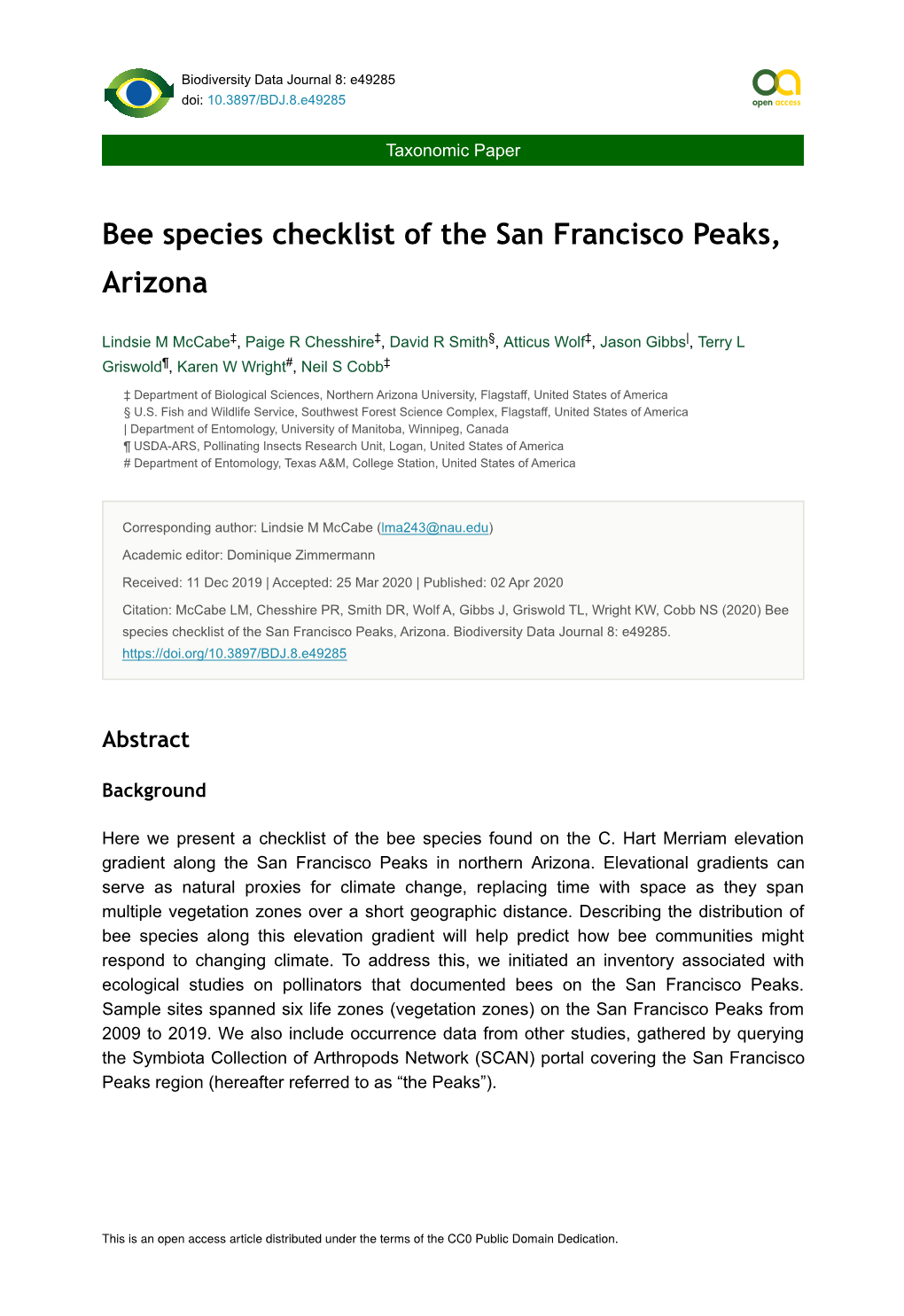 Bee Species Checklist of the San Francisco Peaks, Arizona