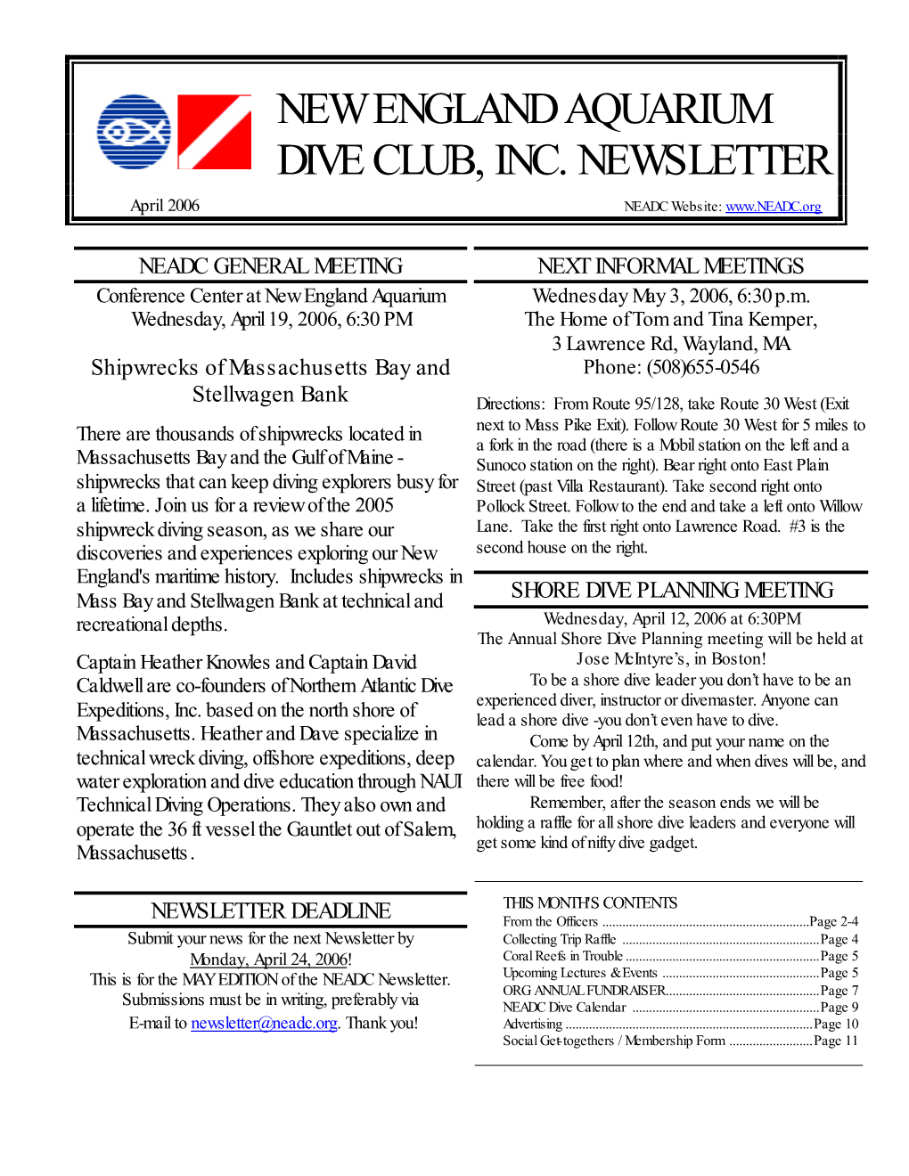 New England Aquarium Dive Club, Inc. Newsletter