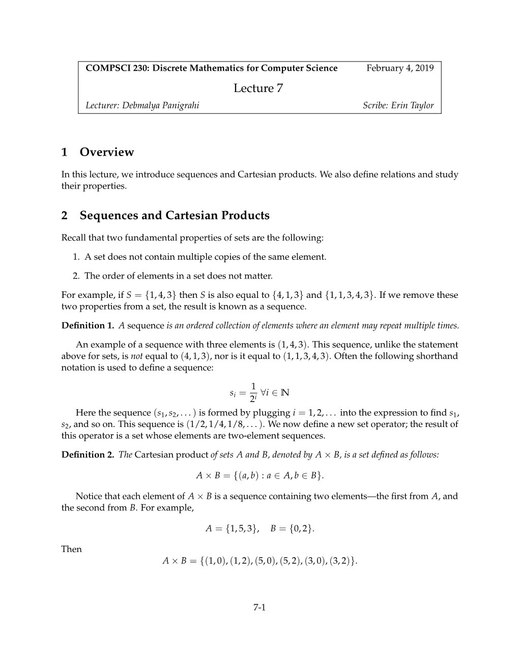 Lecture 7 1 Overview 2 Sequences and Cartesian Products