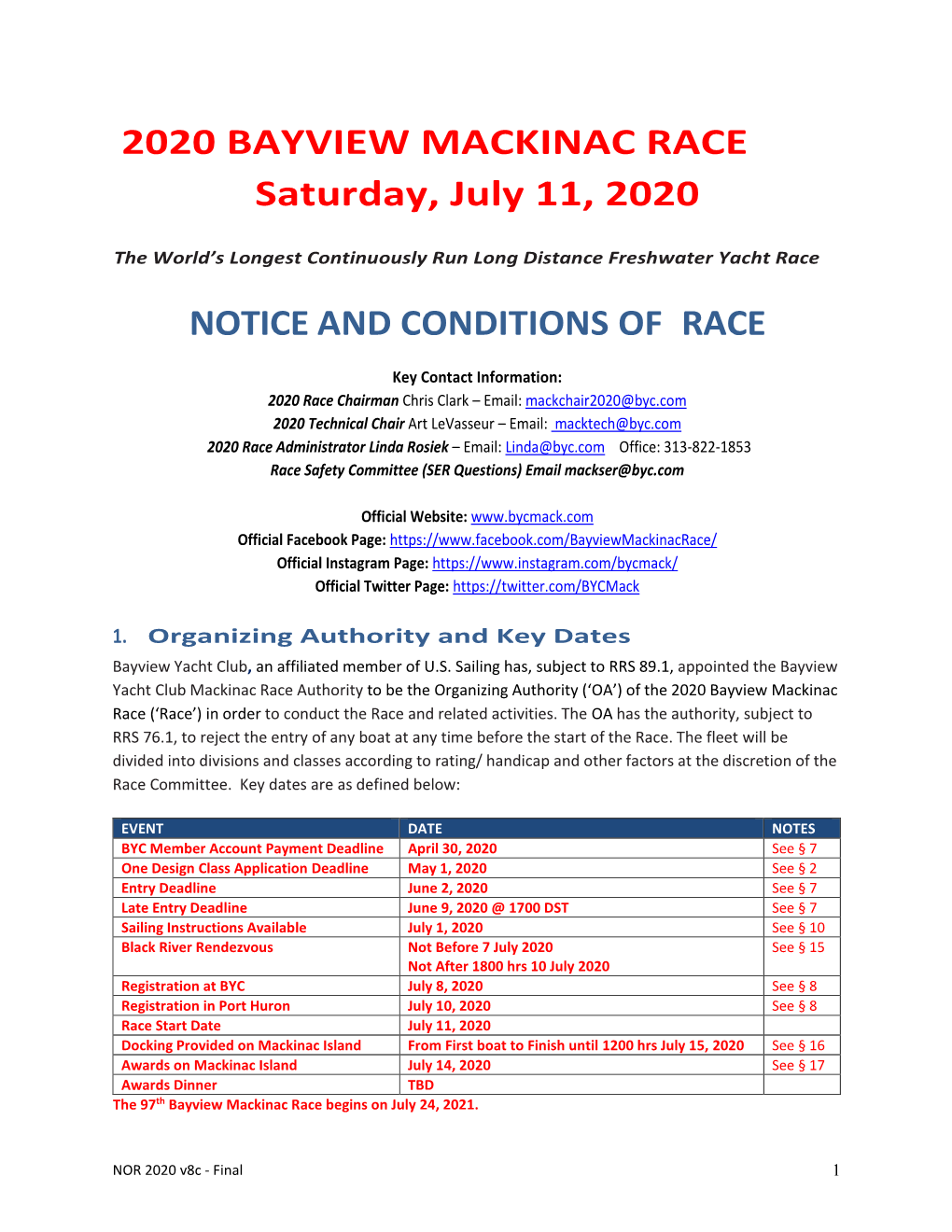 2020 BAYVIEW MACKINAC RACE Saturday, July 11, 2020 NOTICE