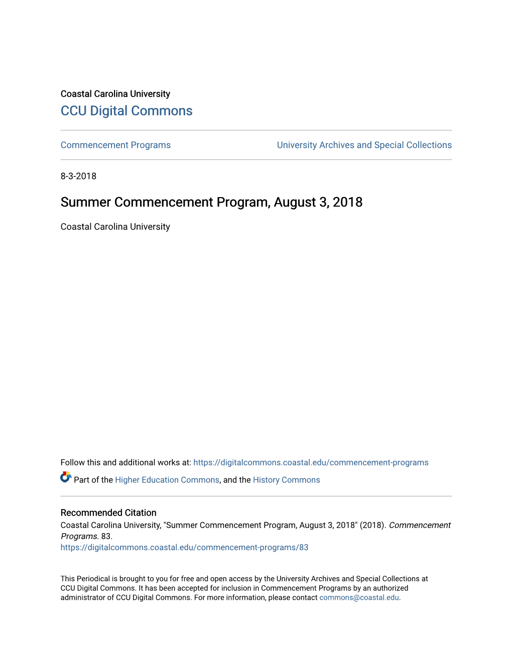 Summer Commencement Program, August 3, 2018