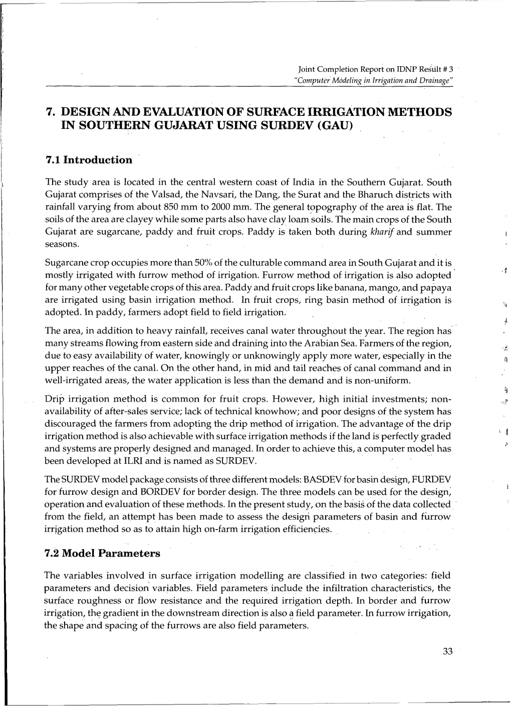 7. Design and Evaluation of Surface Irrigation Methods in Southern Gujarat Using Surdev (Gau)