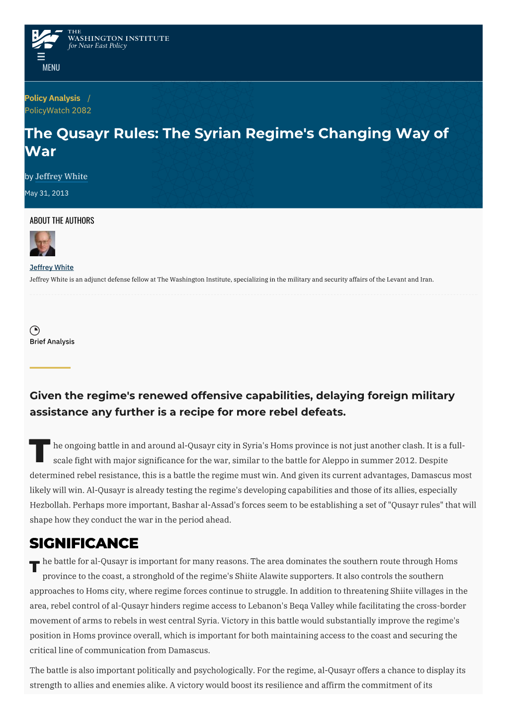 The Qusayr Rules: the Syrian Regime's Changing Way of War by Jeffrey White