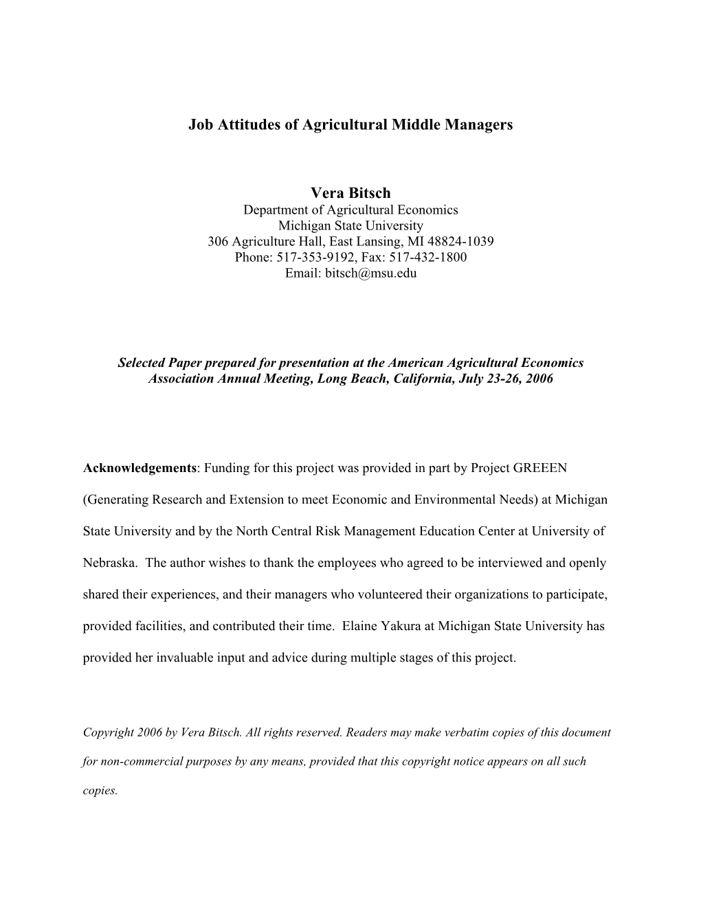 Job Attitudes of Agricultural Middle Managers Vera Bitsch