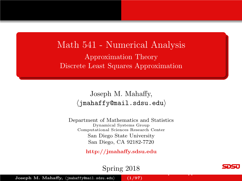 Math 541 - Numerical Analysis Approximation Theory Discrete Least Squares Approximation