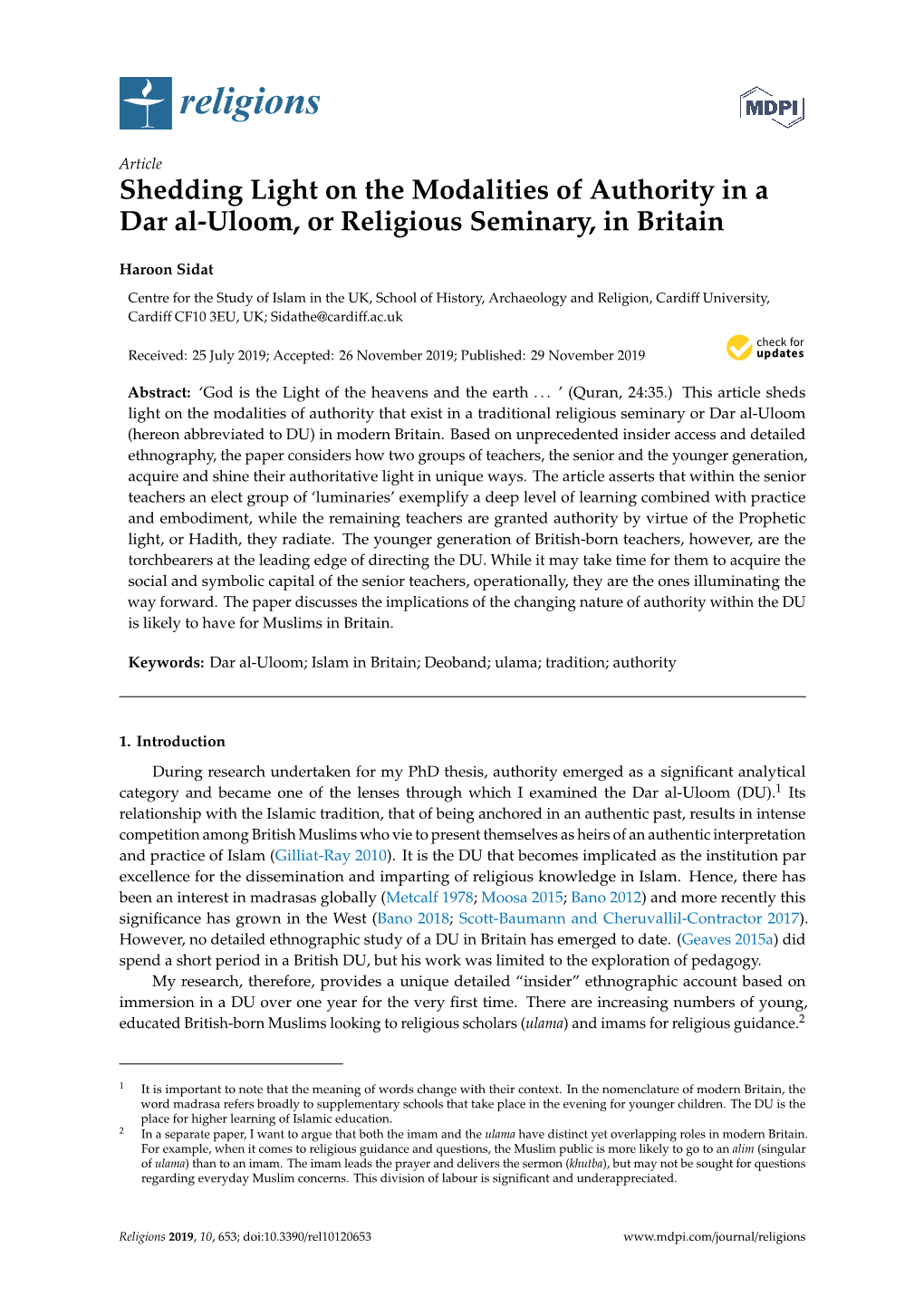 Shedding Light on the Modalities of Authority in a Dar Al-Uloom, Or Religious Seminary, in Britain