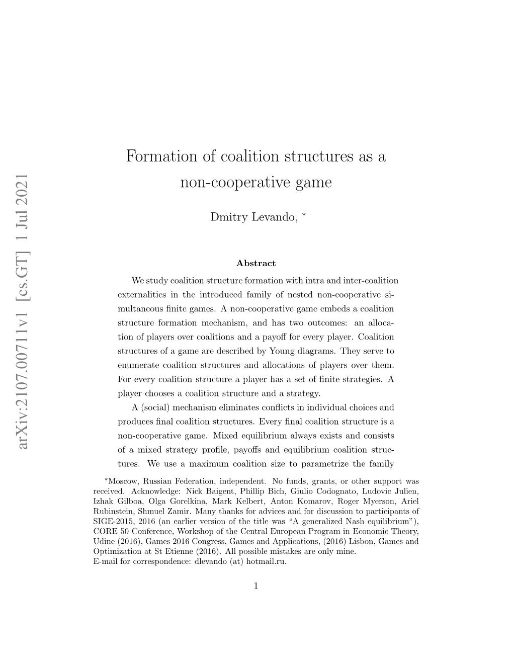 Formation of Coalition Structures As a Non-Cooperative Game