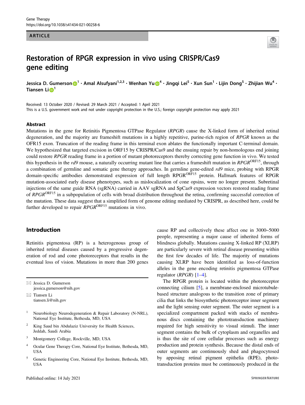 Restoration of RPGR Expression in Vivo Using CRISPR/Cas9 Gene Editing