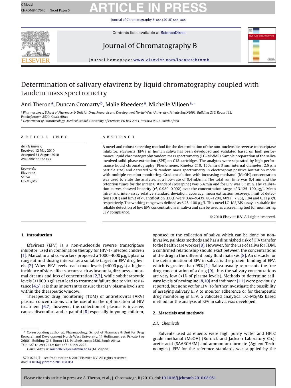 Determination of Salivary Efavirenz by Liquid Chromatography Coupled with Tandem Mass Spectrometry