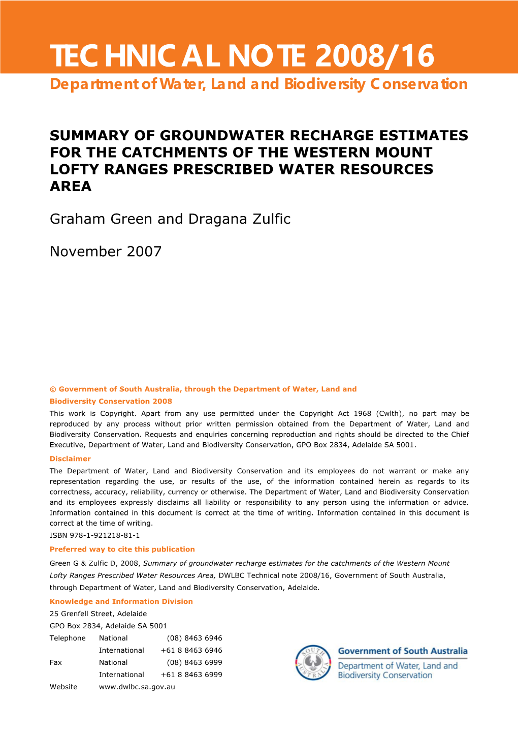 Summary of Groundwater Recharge Estimates for the Catchments of the Western Mount Lofty Ranges Prescribed Water Resources Area