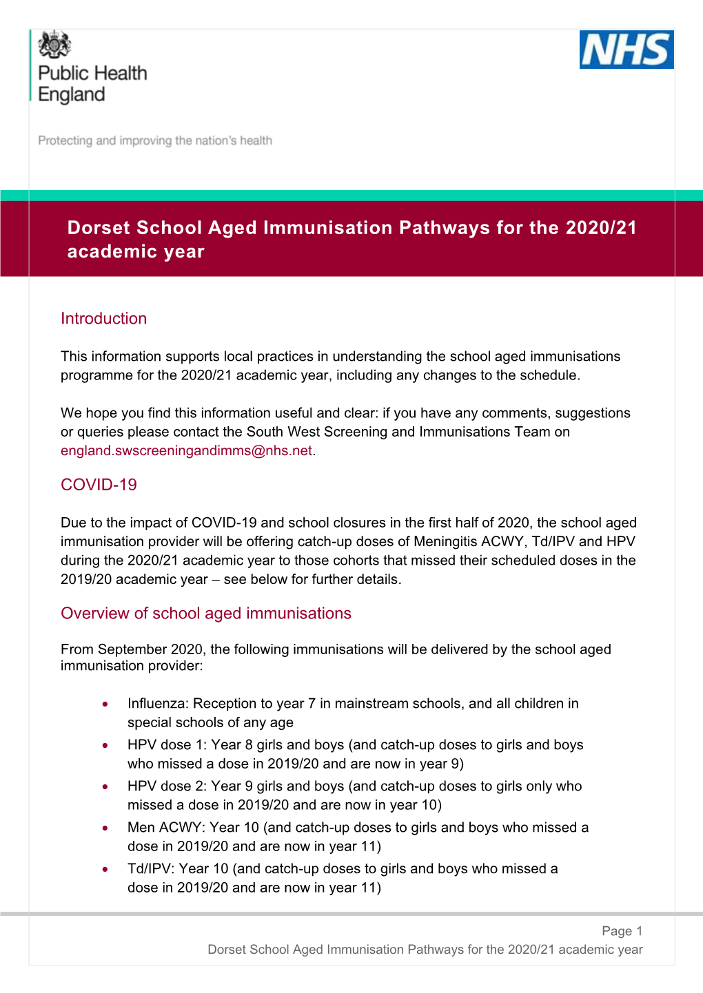 Dorset School Aged Immunisation Pathways for the 2020/21 Academic Year