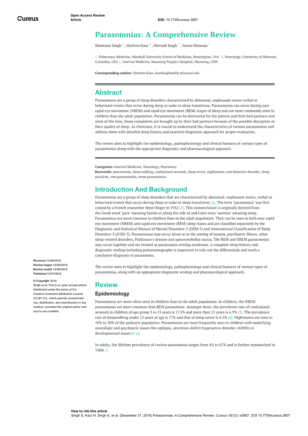 Parasomnias: a Comprehensive Review