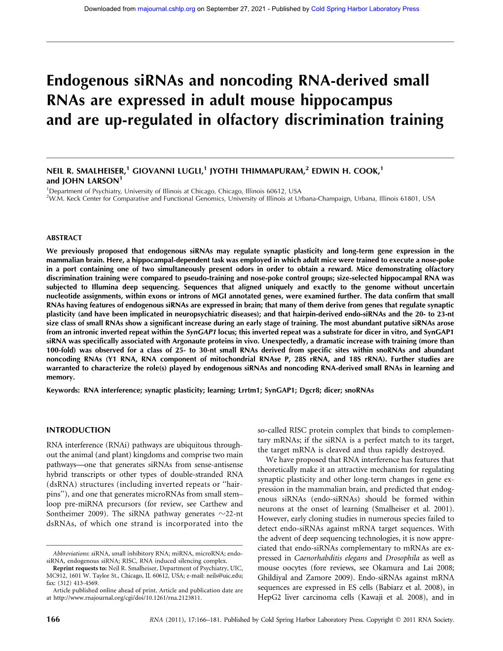 Endogenous Sirnas and Noncoding RNA-Derived Small Rnas Are Expressed in Adult Mouse Hippocampus and Are Up-Regulated in Olfactory Discrimination Training