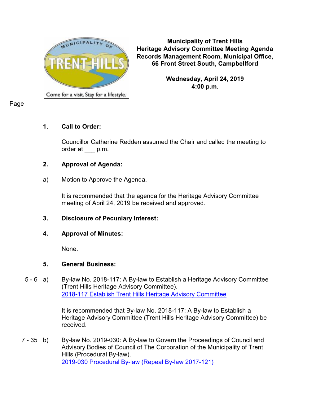 Heritage Advisory Committee Meeting Agenda Records Management Room, Municipal Office, 66 Front Street South, Campbellford