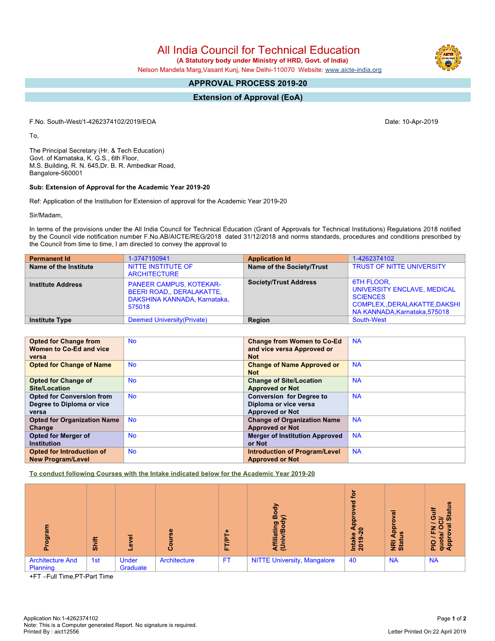 All India Council for Technical Education (A Statutory Body Under Ministry of HRD, Govt