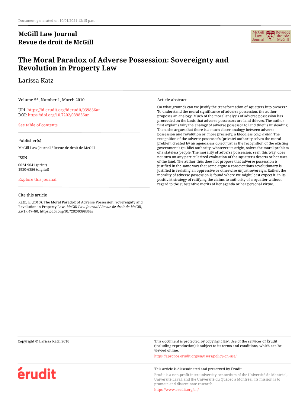 The Moral Paradox of Adverse Possession: Sovereignty and Revolution in Property Law Larissa Katz