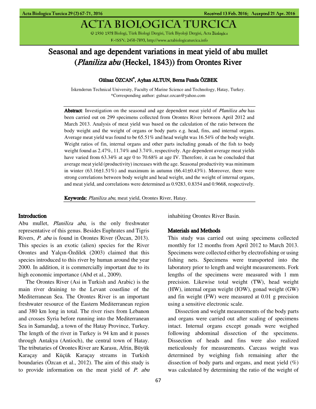 Seasonal and Age Dependent Variations in Meat Yield of Abu Mullet (Planiliza Abu (Heckel, 1843)) from Orontes River