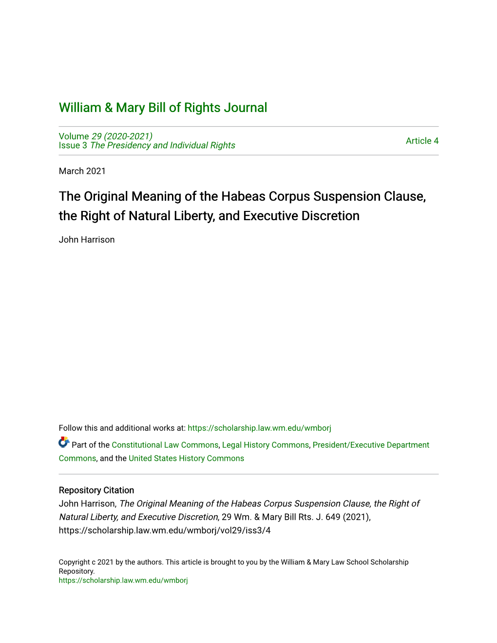 The Original Meaning of the Habeas Corpus Suspension Clause, the Right of Natural Liberty, and Executive Discretion