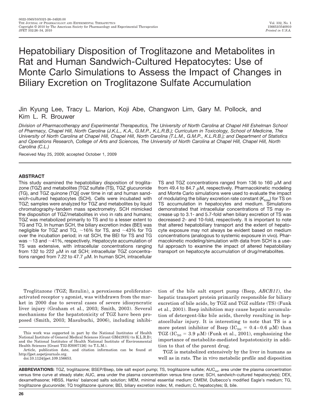 Hepatobiliary Disposition of Troglitazone and Metabolites in Rat