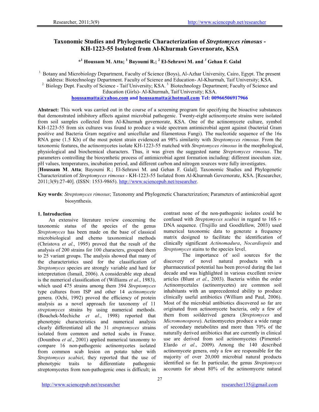 Taxonomic Studies and Phylogenetic Characterization of Streptomyces Rimosus - KH-1223-55 Isolated from Al-Khurmah Governorate, KSA