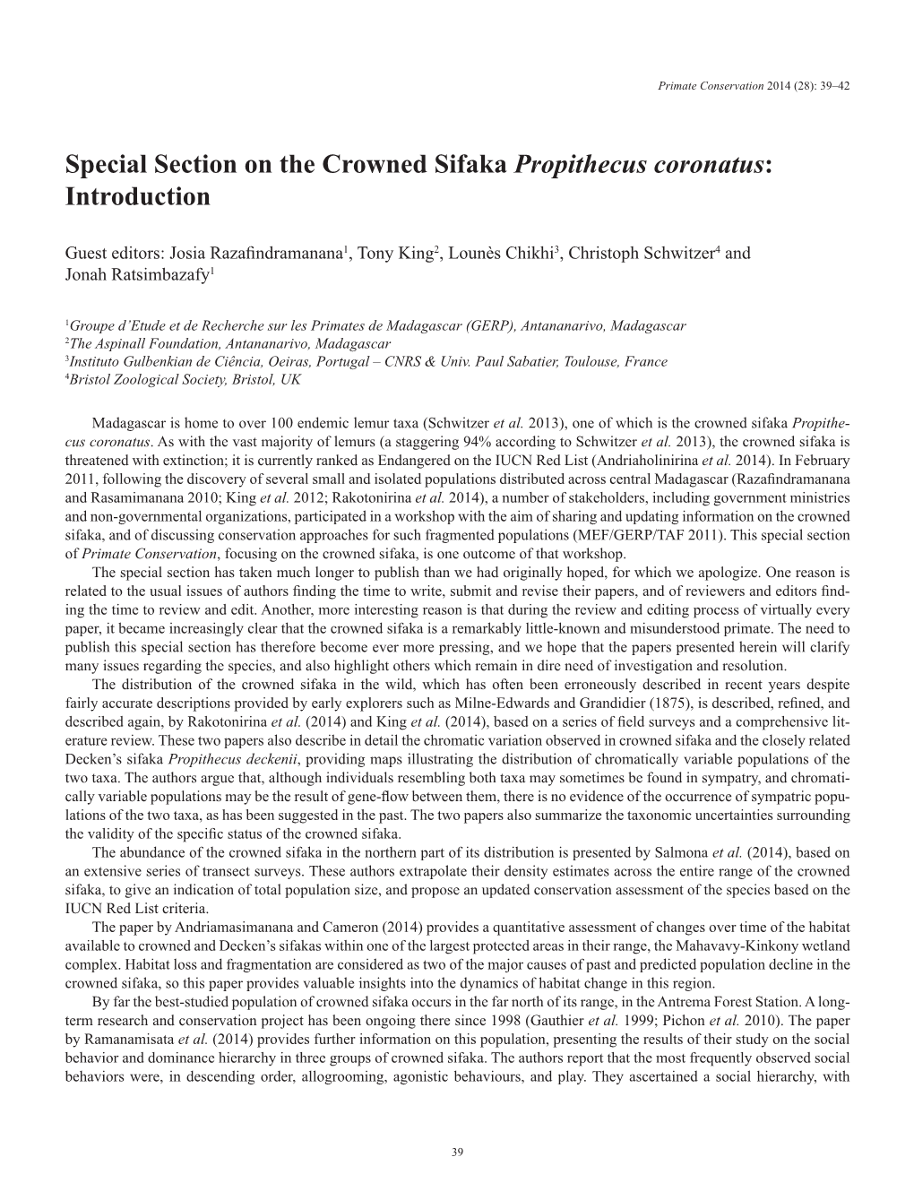 Special Section on the Crowned Sifaka Propithecus Coronatus: Introduction