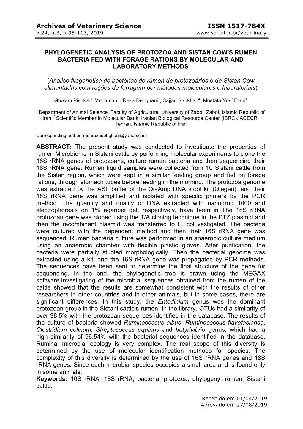 Phylogenetic Analysis of Protozoa and Sistan Cow's Rumen Bacteria Fed with Forage Rations by Molecular and Laboratory Methods