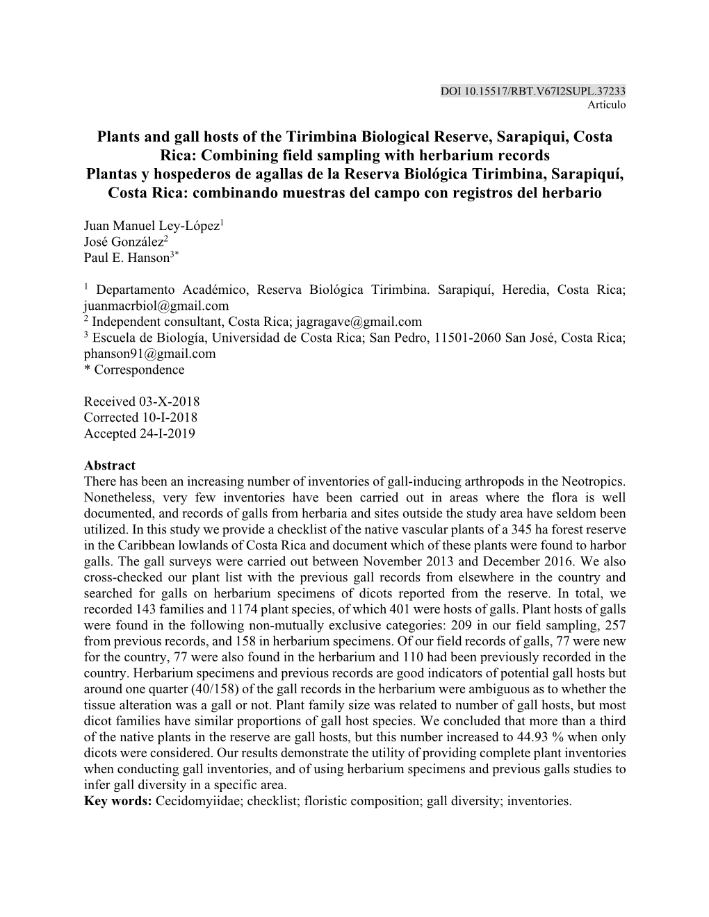 Plants and Gall Hosts of the Tirimbina Biological Reserve