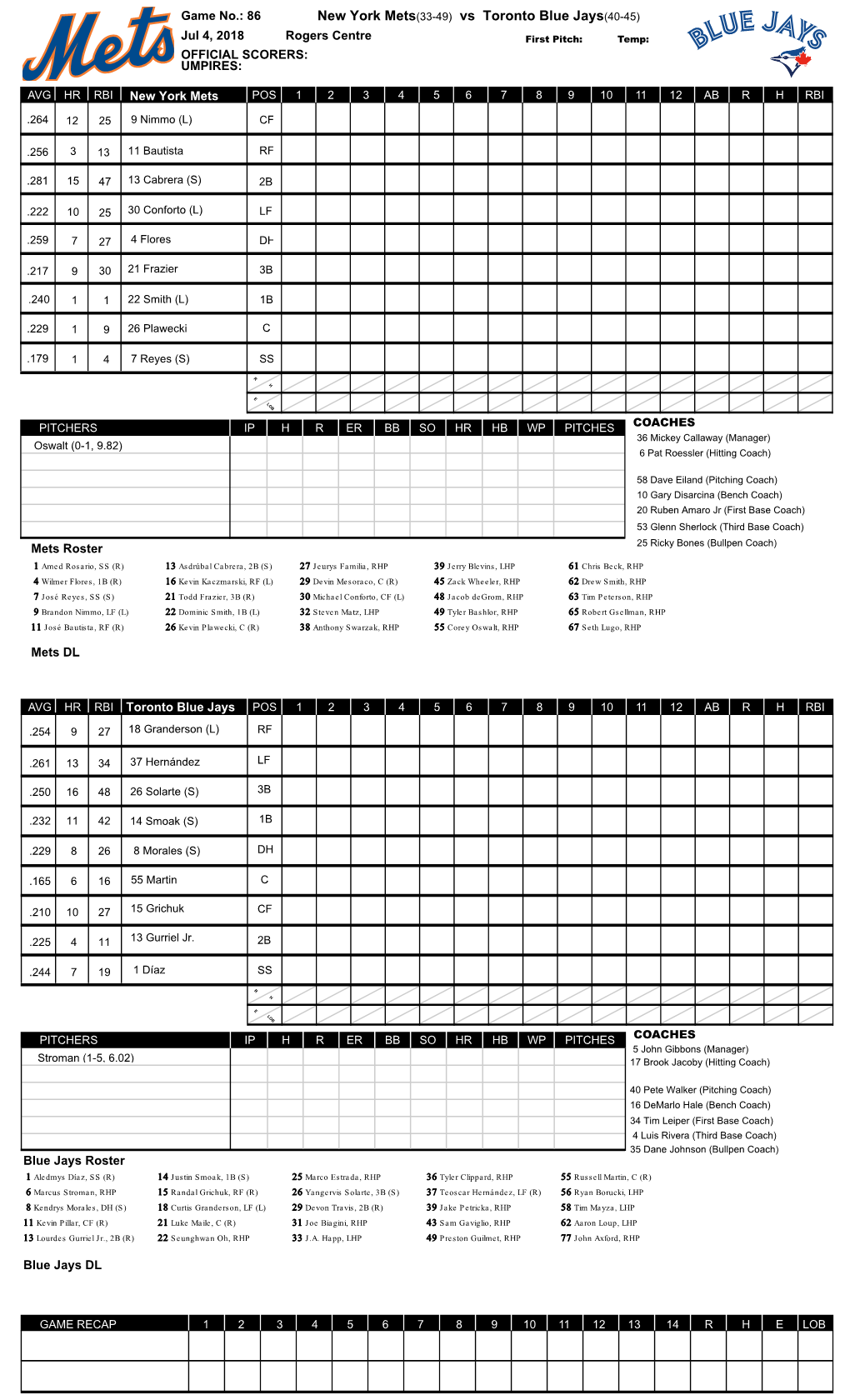 New York Mets(33-49) Vs Toronto Blue Jays(40-45)