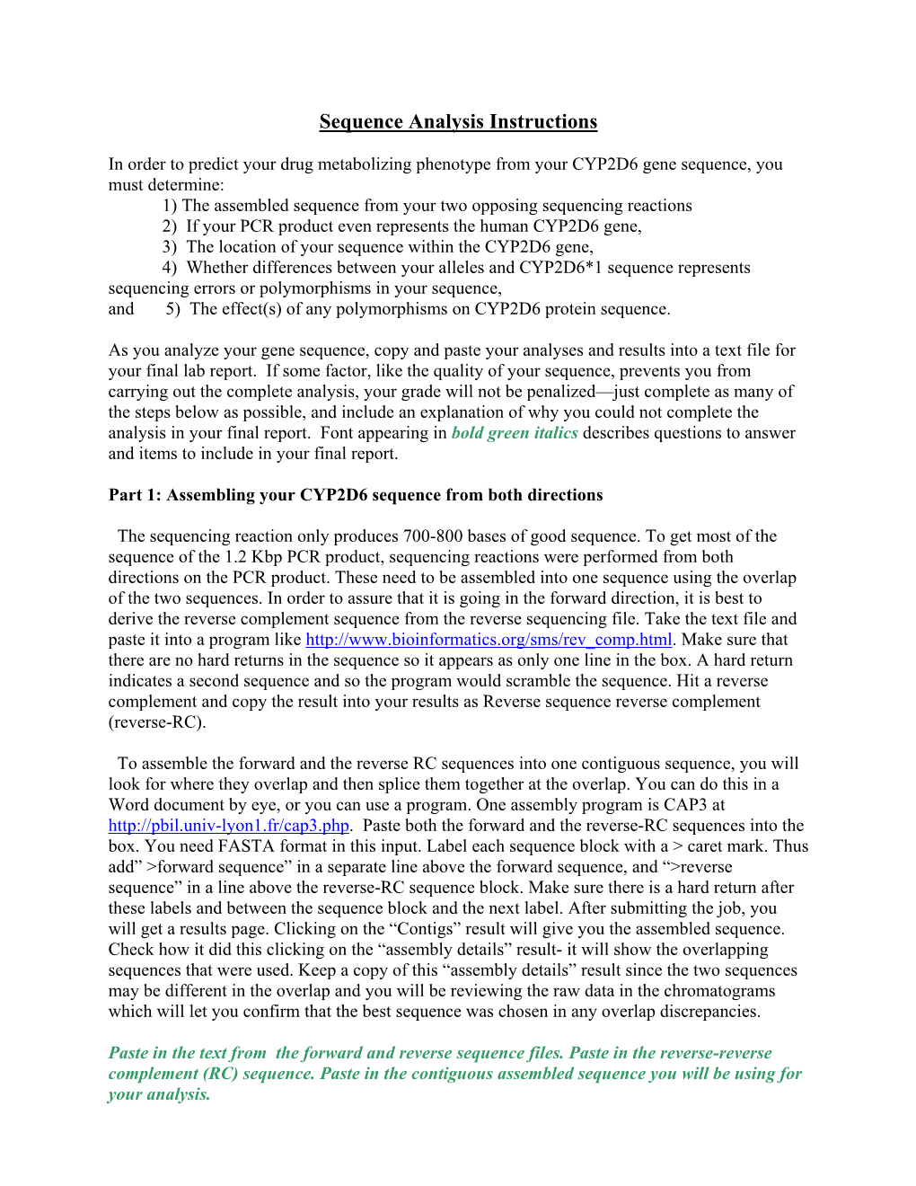 Sequence Analysis Instructions